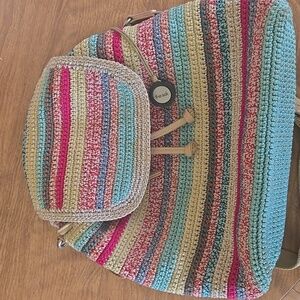 The Sak Sayulita Multicolor Edin Stripe Crochet Drawstring Hobo Backpack Handbag
